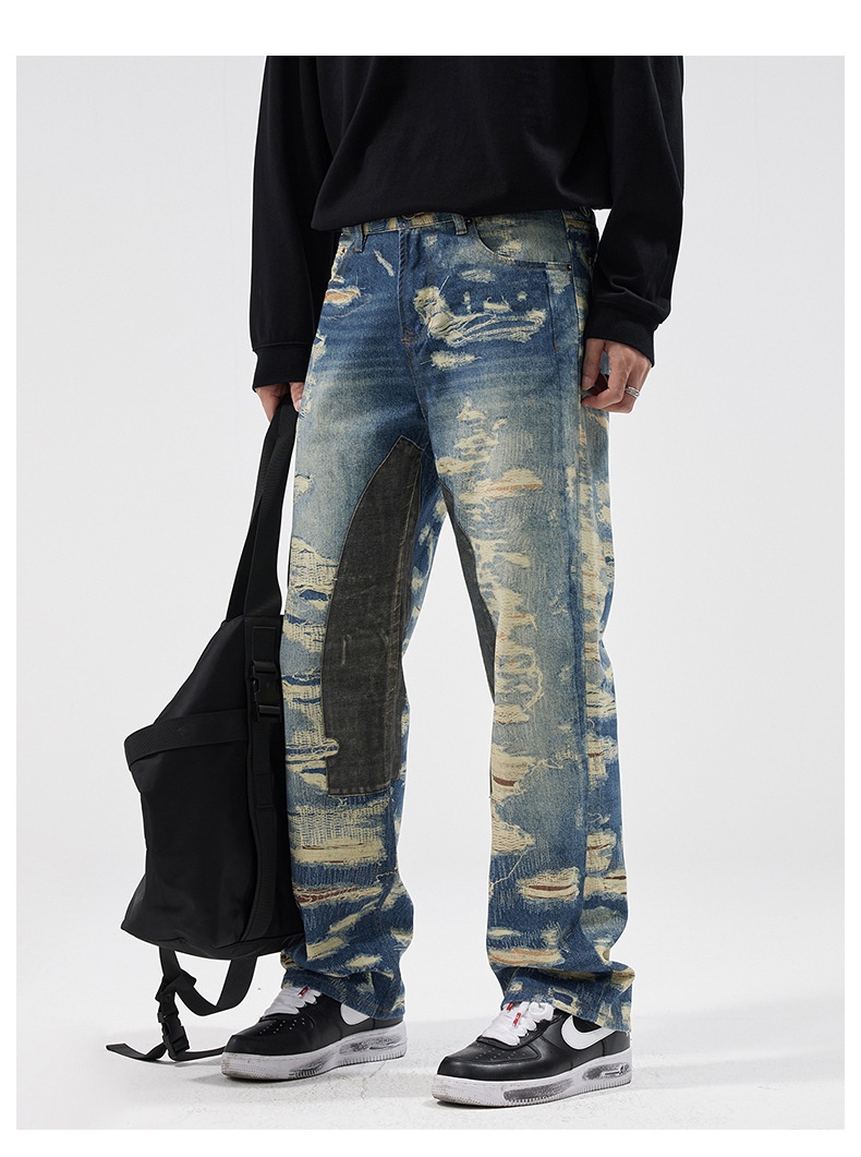 Washed Printed Straight Personality Street Fashionable Denim Trousers