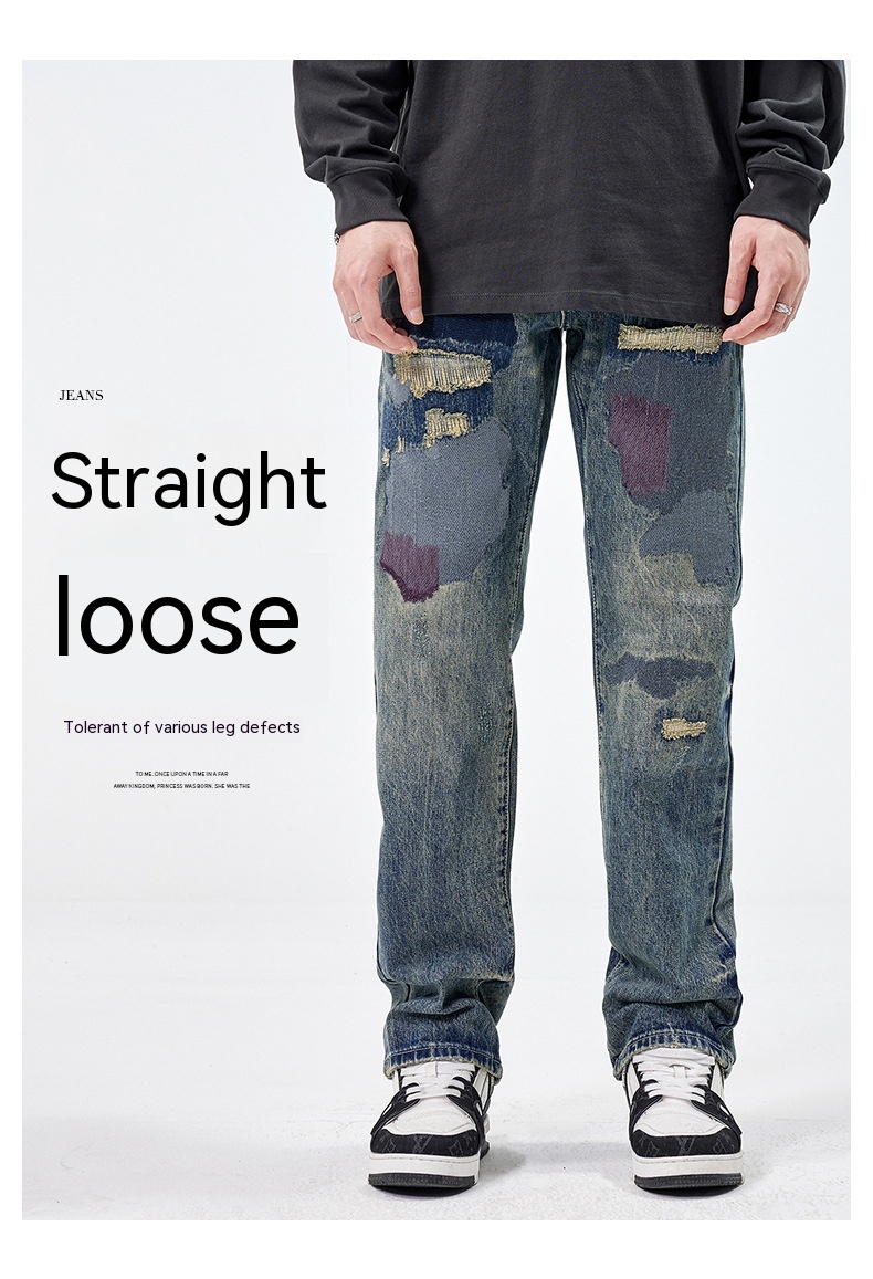 American Style Loose Broken Patch Straight Retro Denim Trousers Men