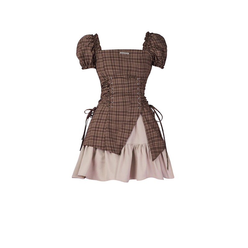 Vintage Skirt Brown Plaid Slim Fit High Waist Dress