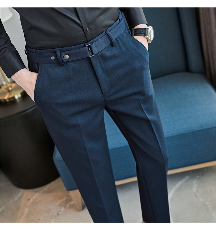Fall Winter Men's Belt Design Slim-fit Textured Youth Suit Pants