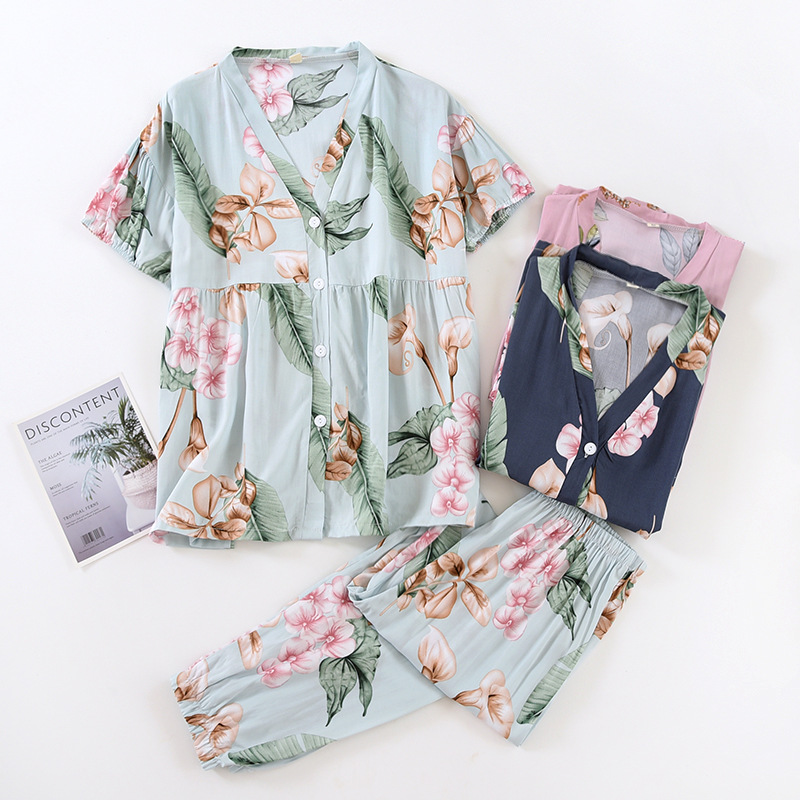 Title 12, Pajamas Suit Short-sleeved Trousers V-neck Prin...