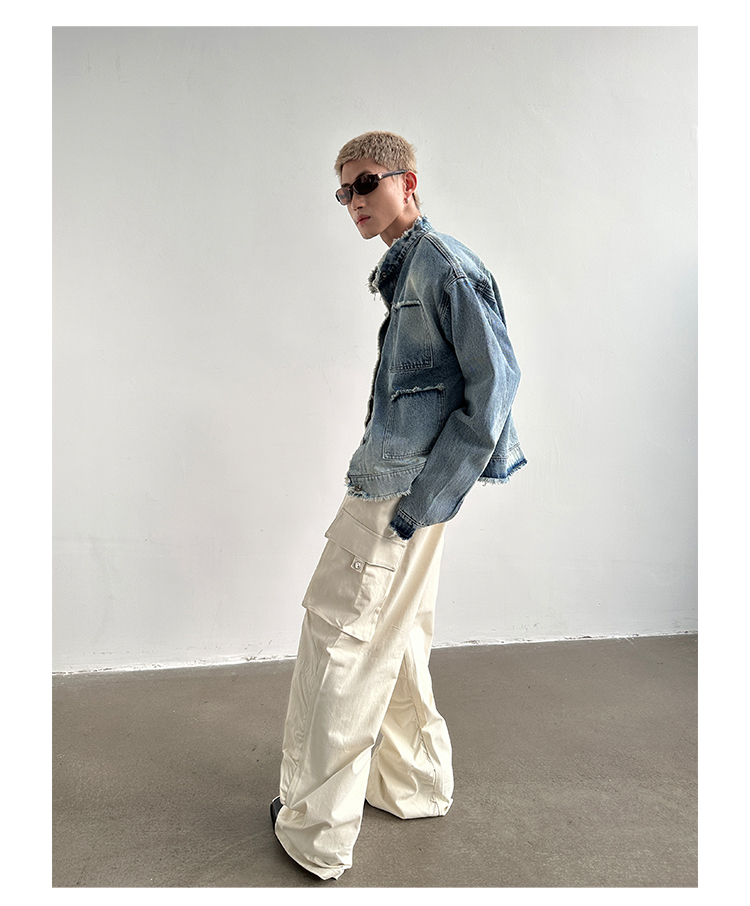 Damaged Design Feeling Rough Edge Washed Stand Collar Padded Shoulder Denim Jacket