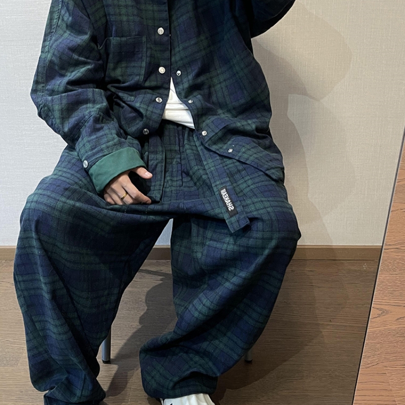 Retro Loose Profile Green Plaid Belt Casual Pants