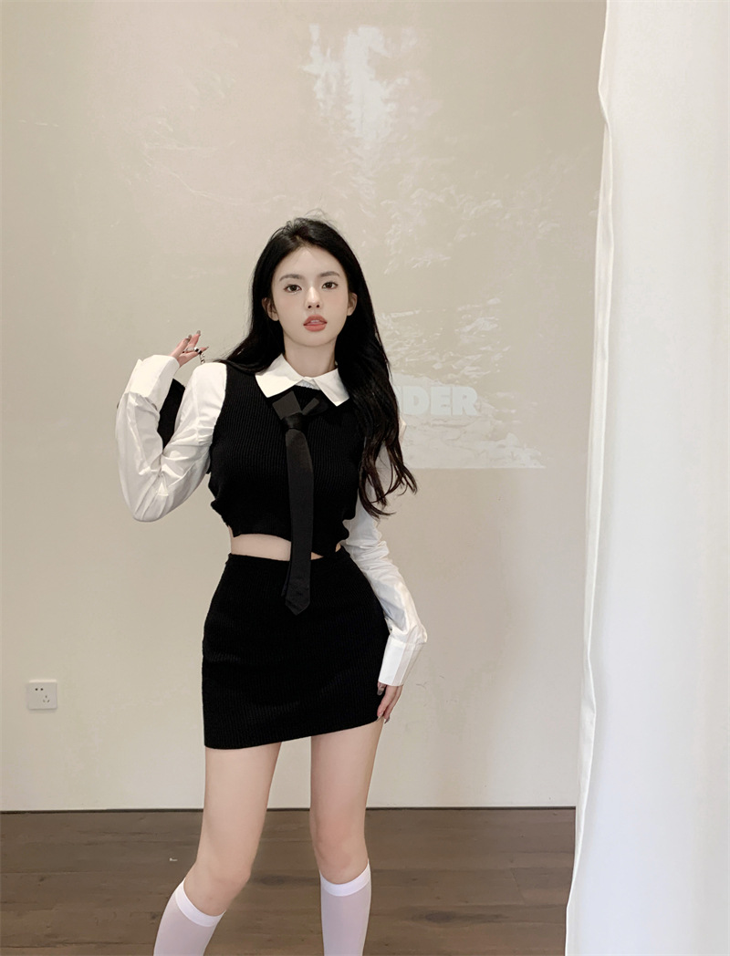 College Style Hot Girl Suit Knitted Vest Long Sleeve Shirt Black Hip-wrapped Skirt