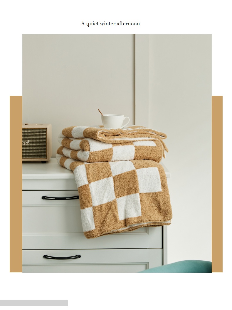 بطانية صوف كبيرة بنقشة رقعة الشطرنج بنمط ريترو - غطاء أريكة من الشينيل المحبوك بنعومة مخملية