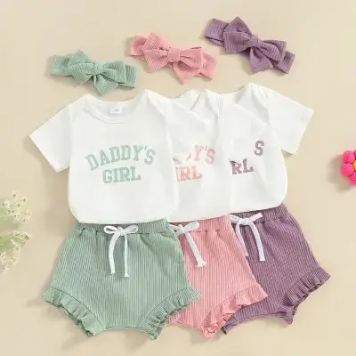 Girls' Letter Print Short-sleeve Romper Shorts Headscarf Three-piece Set