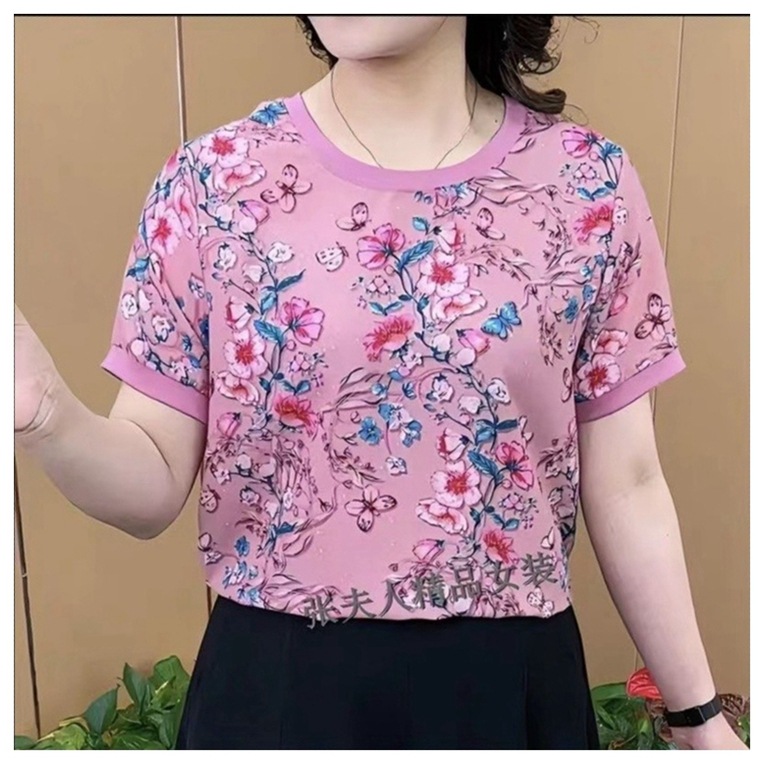 Fashionable Round Neck Floral Loose Slimming Shirt Western Style Middle-aged Mom Wear Short Sleeve