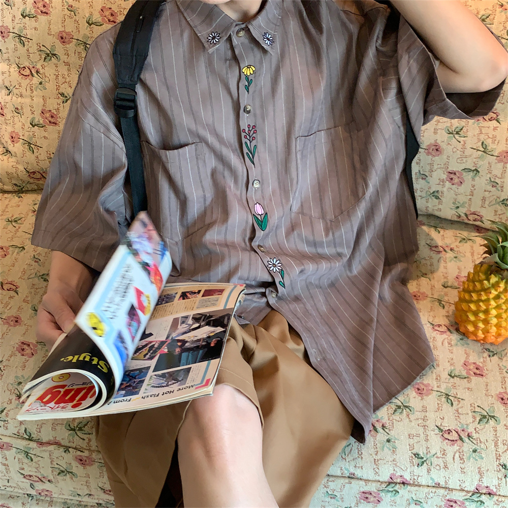 Vintage Embroidered Vertical Striped Short Sleeve Shirt