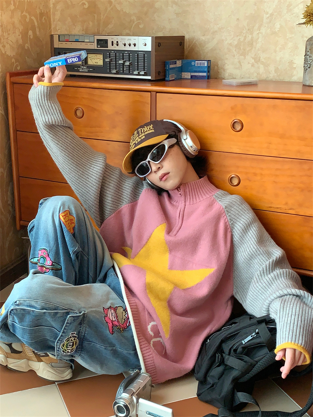 Retro Five-pointed Star Stand Collar Sweater Loose Sweater Coat