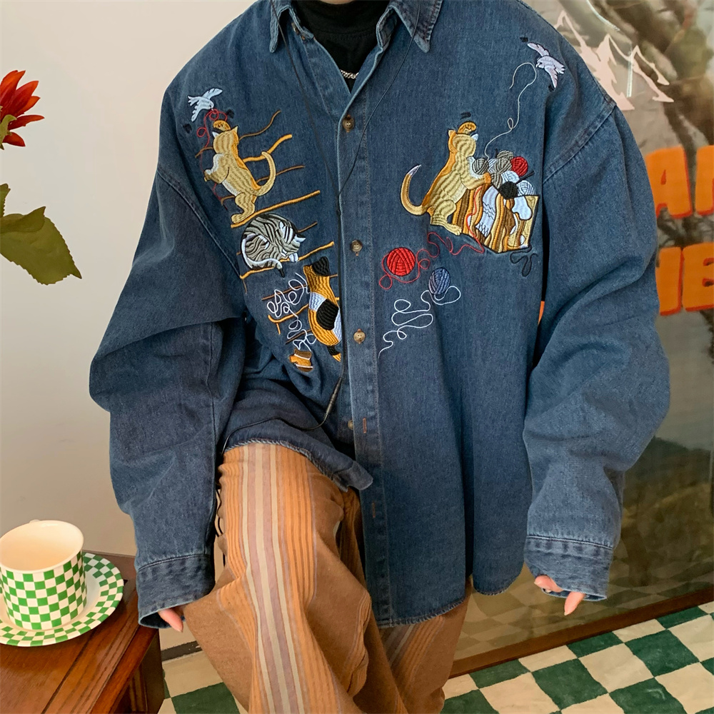 Women's Cat Embroidered Retro Denim Shirt Coat