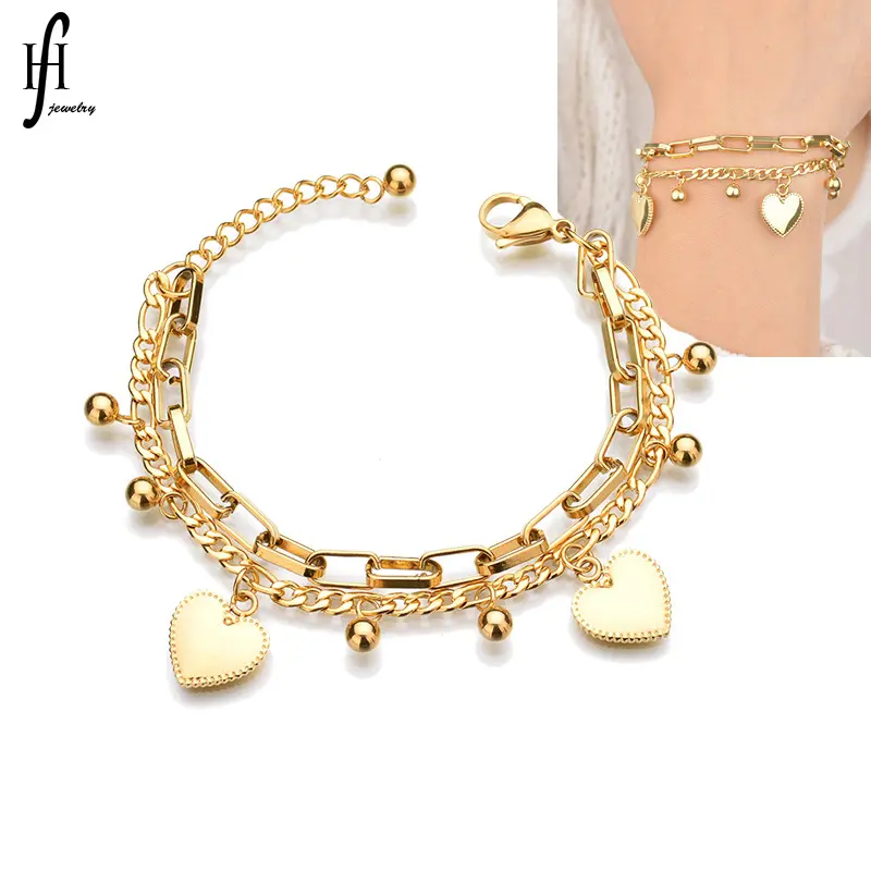 Stainless Steel Layered Heart Charm Chain Bracelet