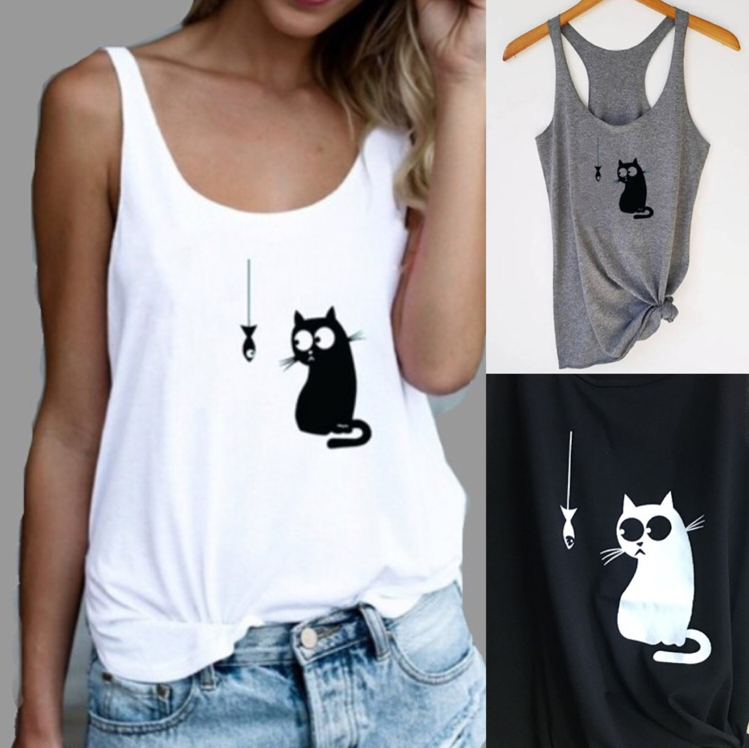 Title 2, Popular Sleeveless Sling Kitten Fish Print Vest