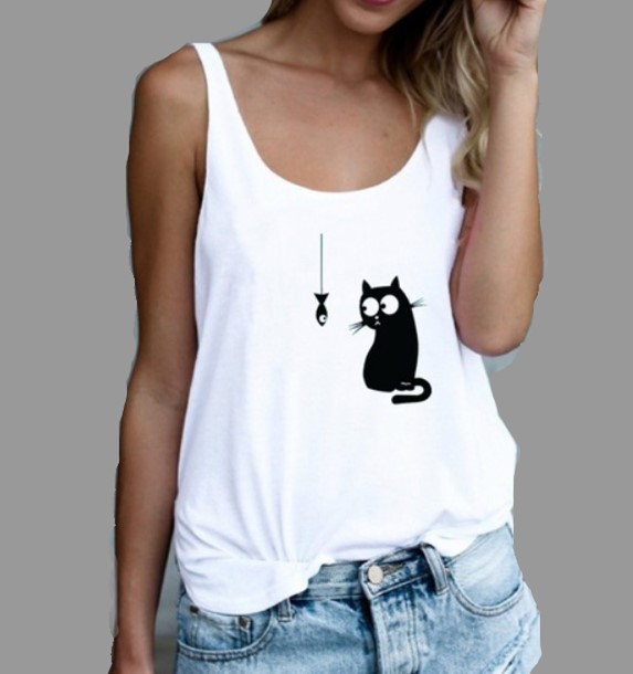 Title 3, Popular Sleeveless Sling Kitten Fish Print Vest