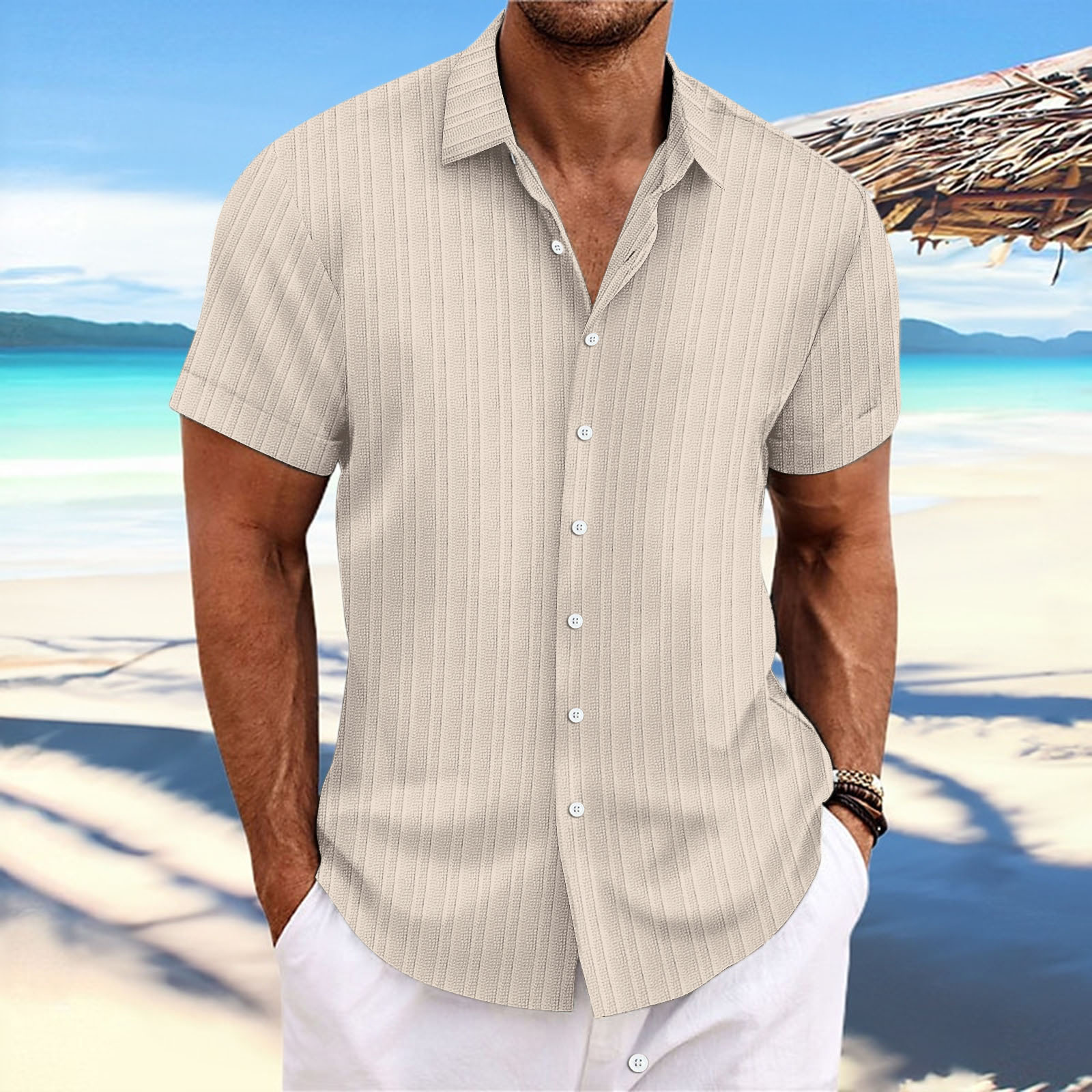 Title 5, Camicia Uomo Casual in Cotone e Lino a Righe Ja...