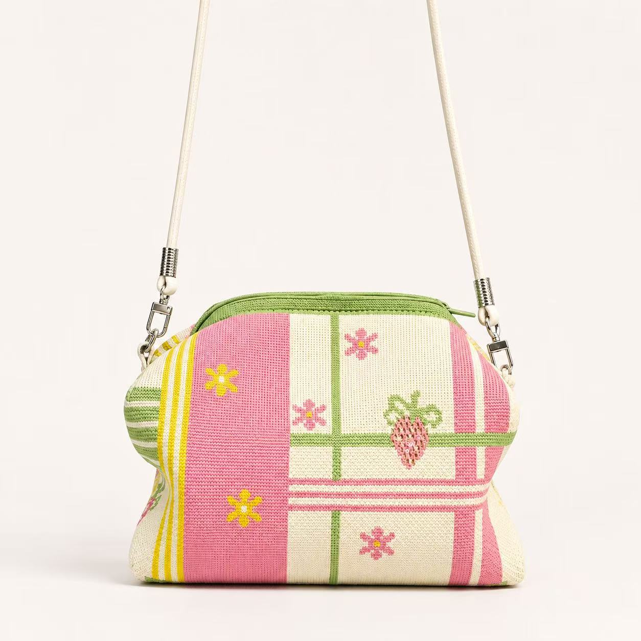 Geantă crossbody tricotată, Geantă de umăr mică în carouri proaspete pentru femei, Geantă ușoară pentru navetă, Geantă de mână la modă și versatilă - Floare