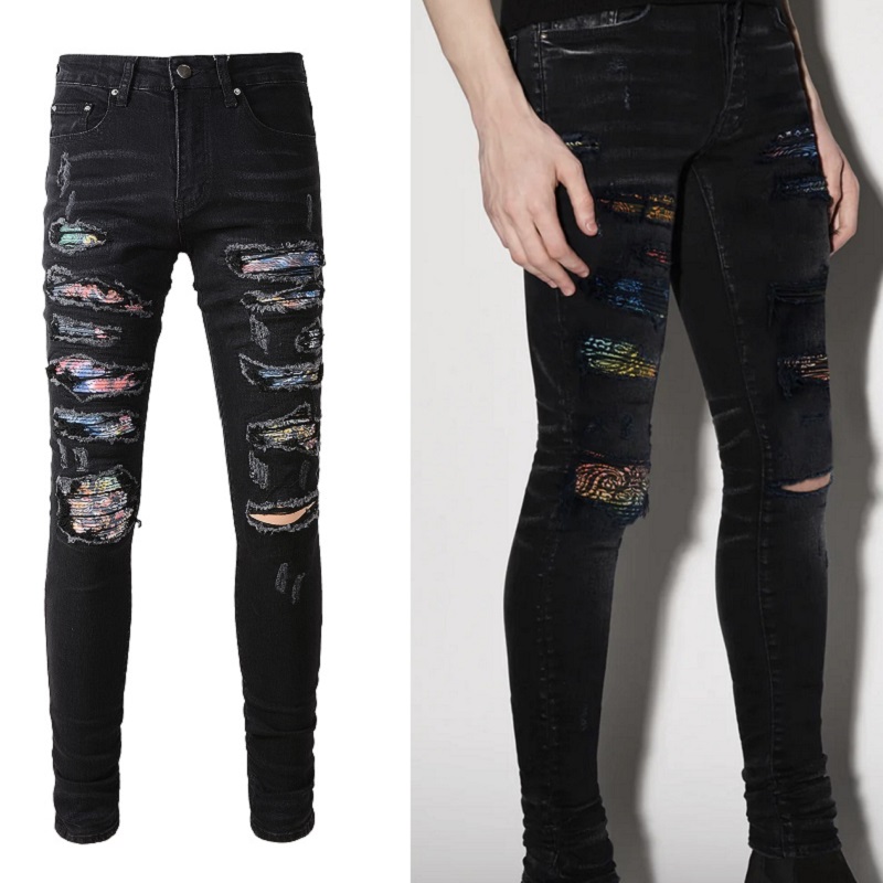 Title 3, Jeans masculinas com estampa simples, patches r...