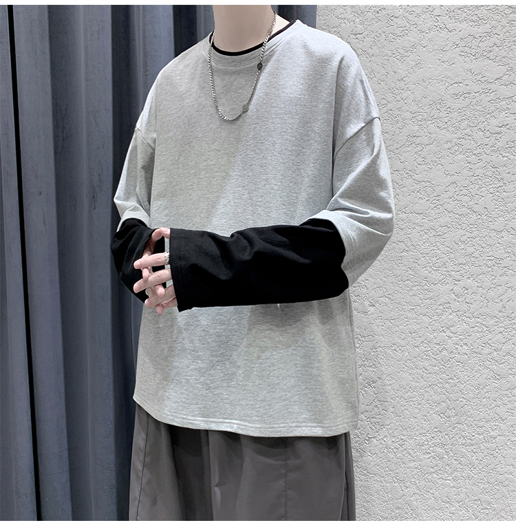 Title 3, Pure Color Stitching Trend Fake Two Long Sleeves