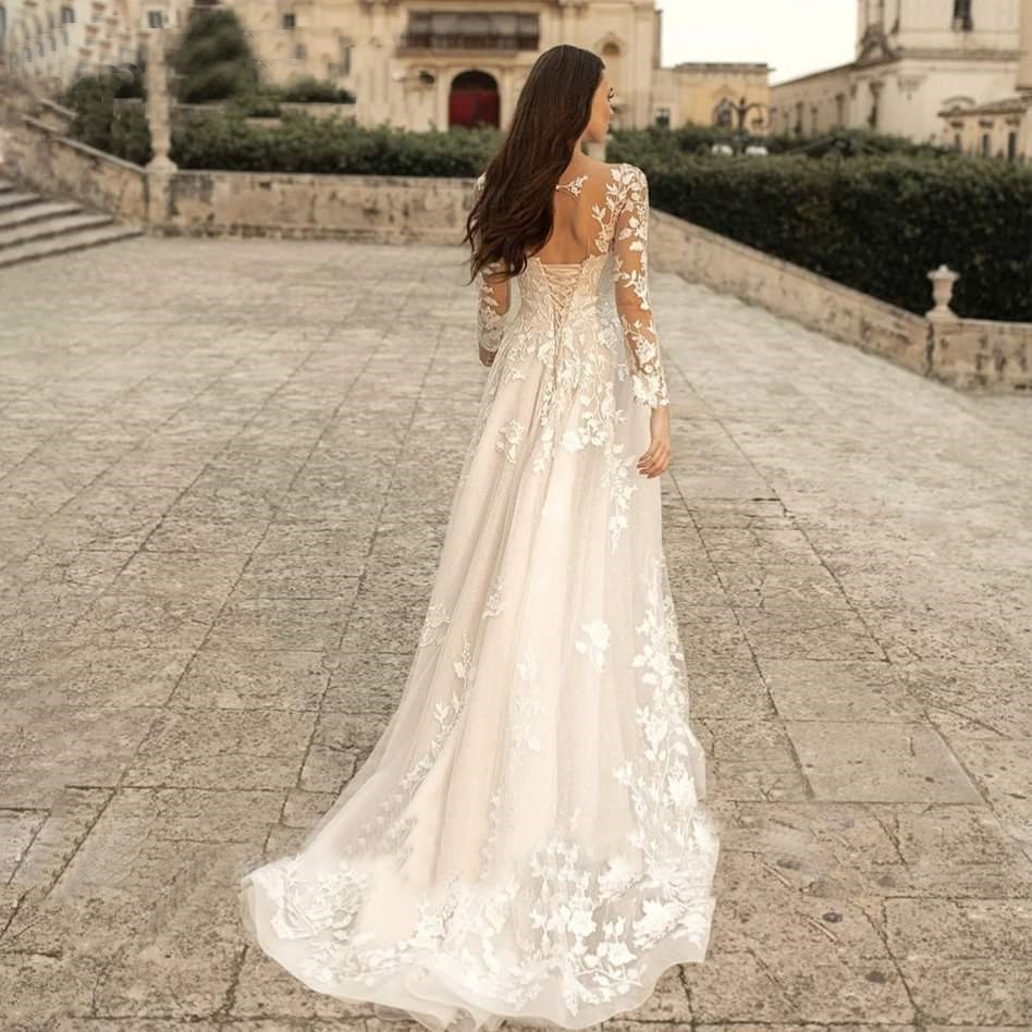 Title 4, Long Sleeve Wedding Dress Mori Style Simple Rou...