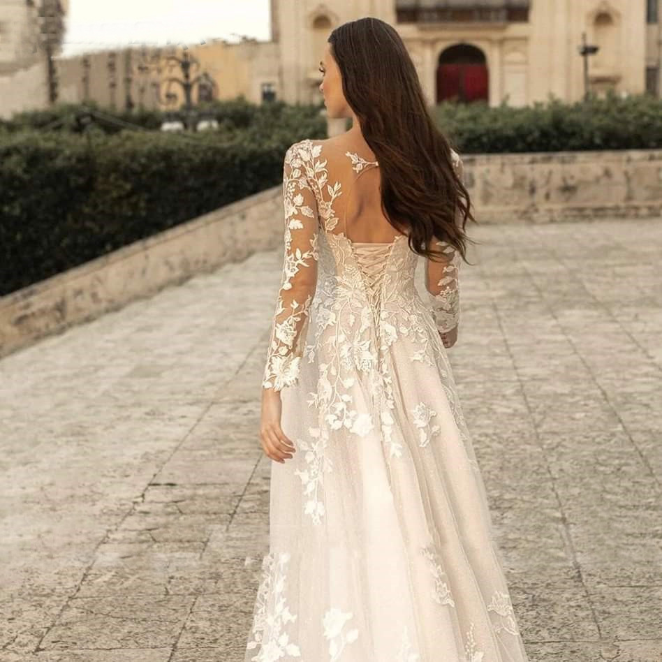 Title 6, Long Sleeve Wedding Dress Mori Style Simple Rou...