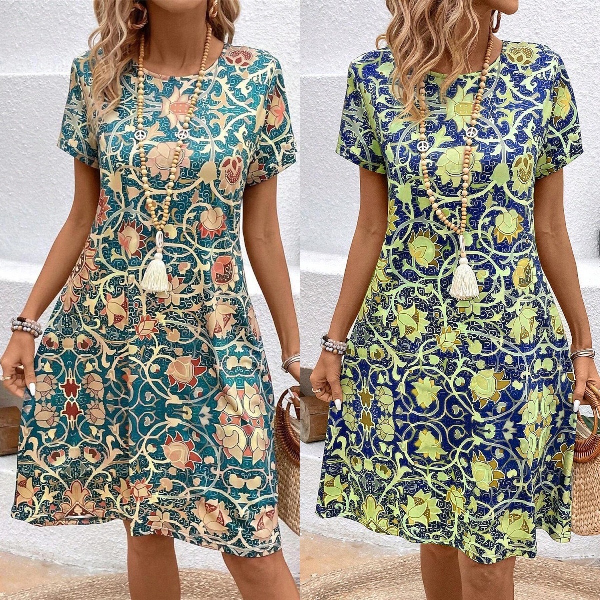 Title 2, Round Neck Plant Flower Print Loose Casual Dress