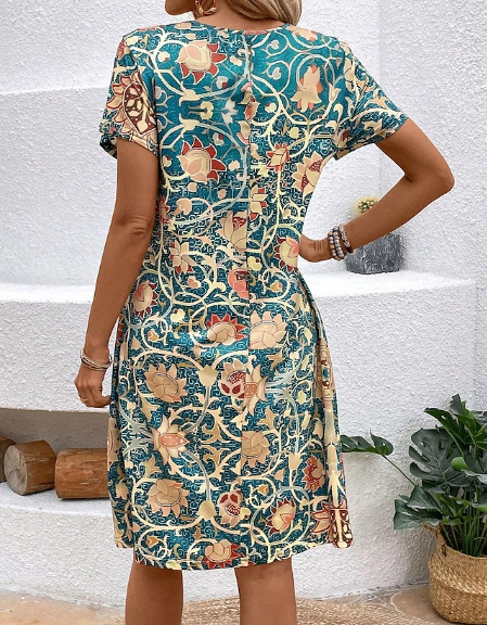 Title 4, Round Neck Plant Flower Print Loose Casual Dress