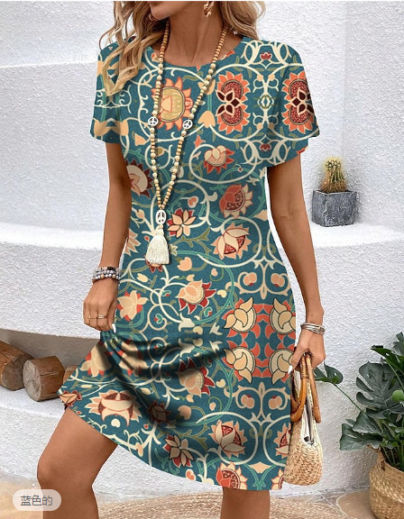 Title 6, Round Neck Plant Flower Print Loose Casual Dress