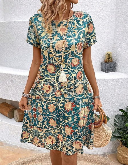 Title 7, Round Neck Plant Flower Print Loose Casual Dress