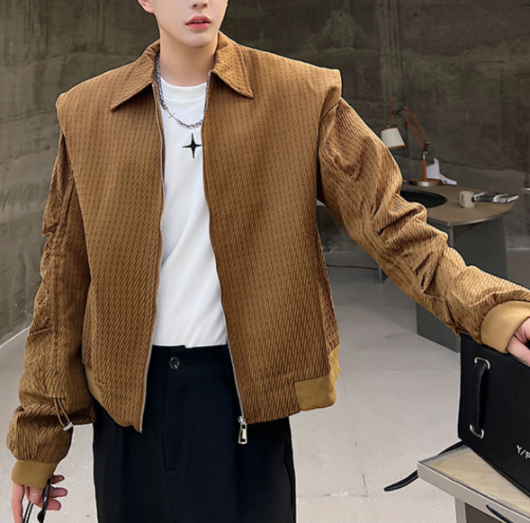 Dark Print Shoulder Lapel Tooling Jacket Men's Short Pleated Drawstring Hoodie Coat