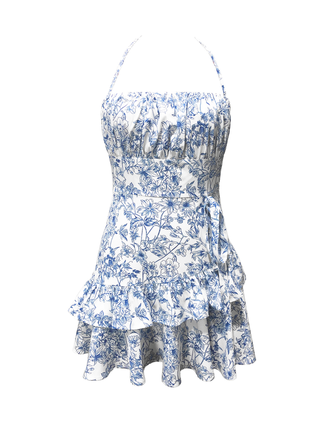 Title 5, Dress Floral Flounce Halter Lace-up Sexy Waist ...