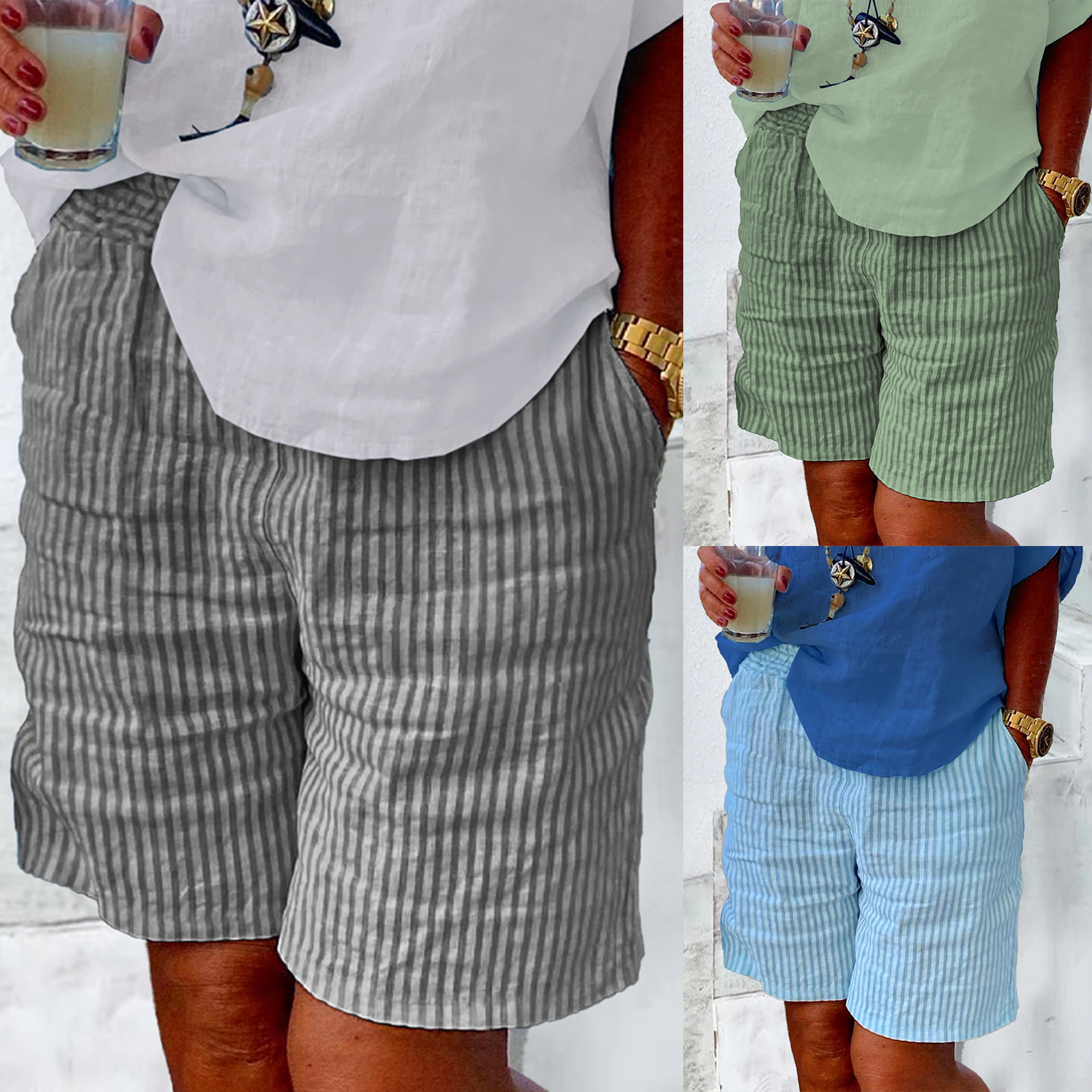 Title 5, Casual gestreepte linnen shorts voor heren, los...