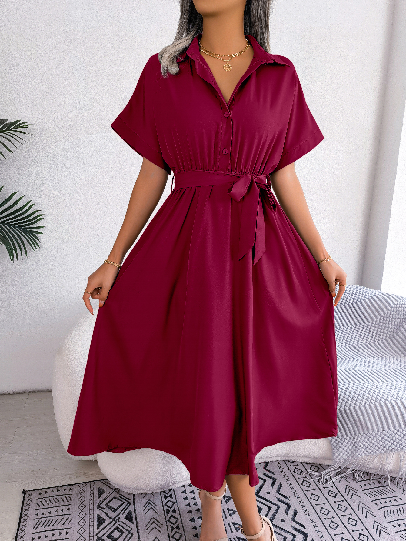 Women Casual Loose Solid Color Tie Waist Shirt Maxi Dress
