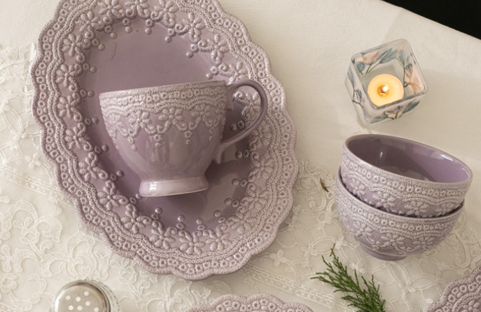 Title 5, French Purple Lace Ceramic Tableware Girl Heart...