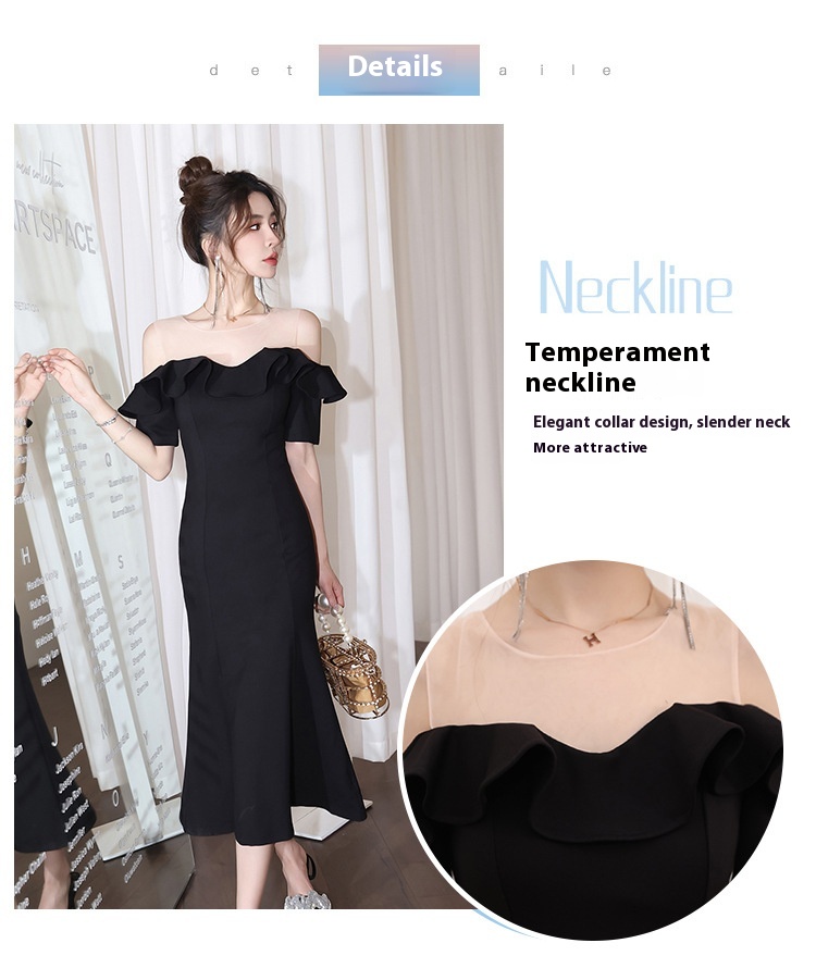 Title 7, Net Falbala Stitching Black Dress Temperament