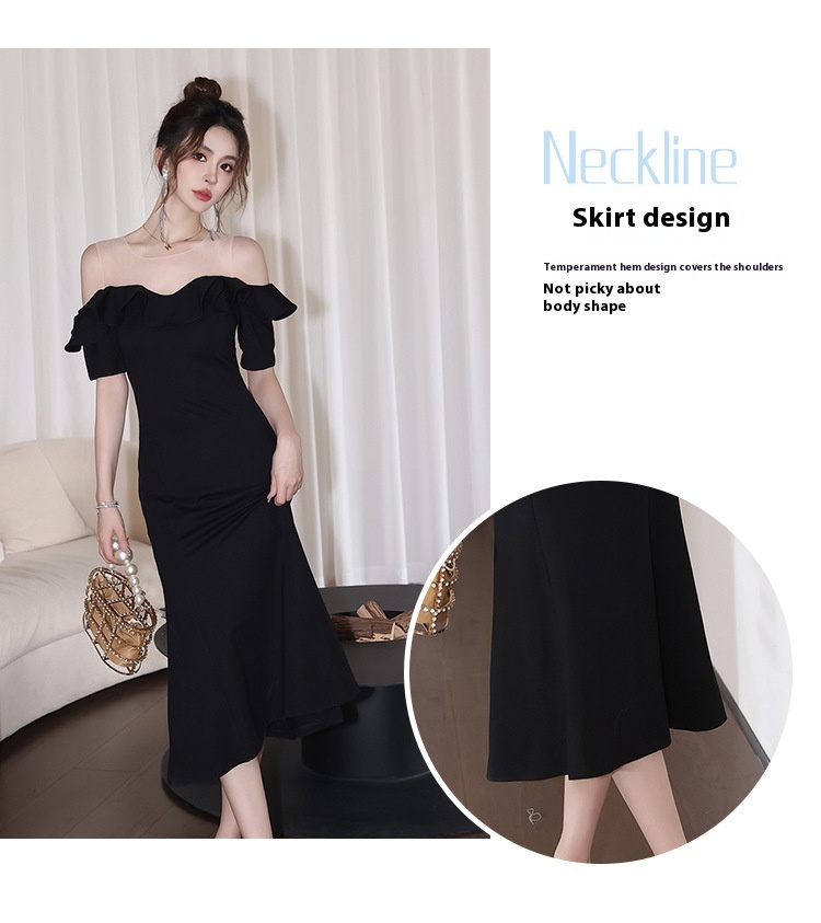 Title 9, Net Falbala Stitching Black Dress Temperament