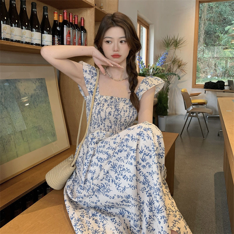 Title 2, Blue Floral Slip Dress Flying Sleeve Vacation D...