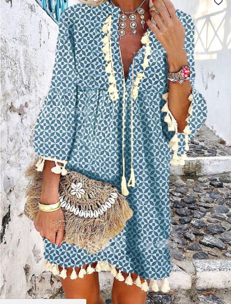 Title 2, Gentle Style Printed Tassel Ruffled V-neck Dress