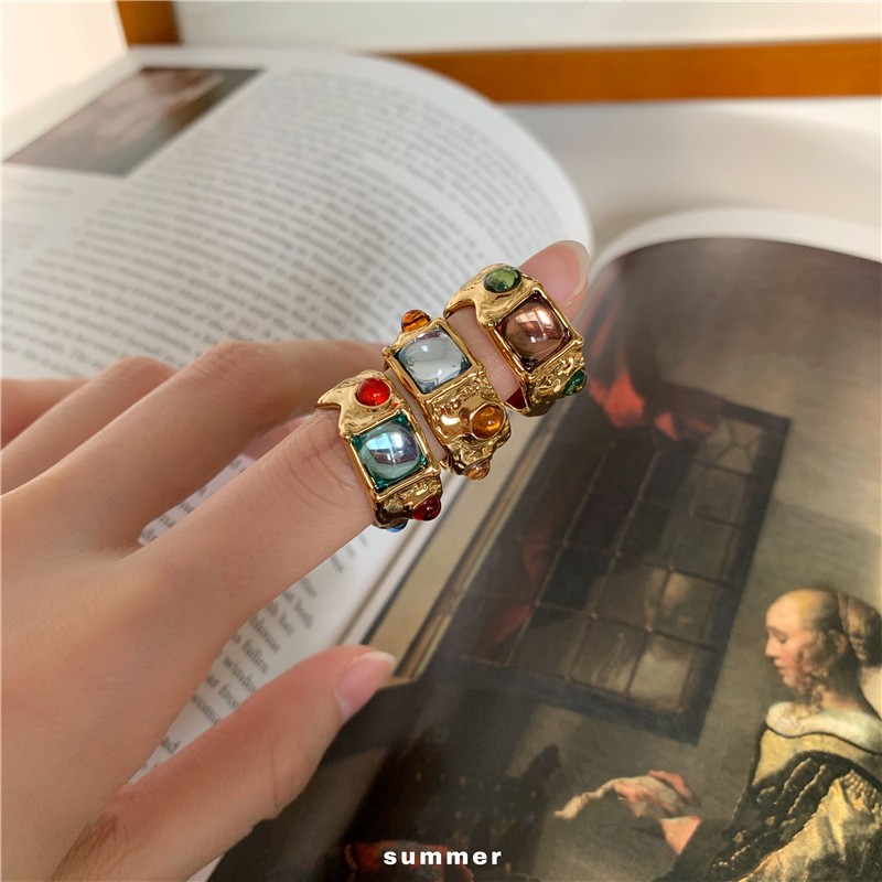 Title 3, Vintage Inlaid Colorful Irregular Gemstone Ring...