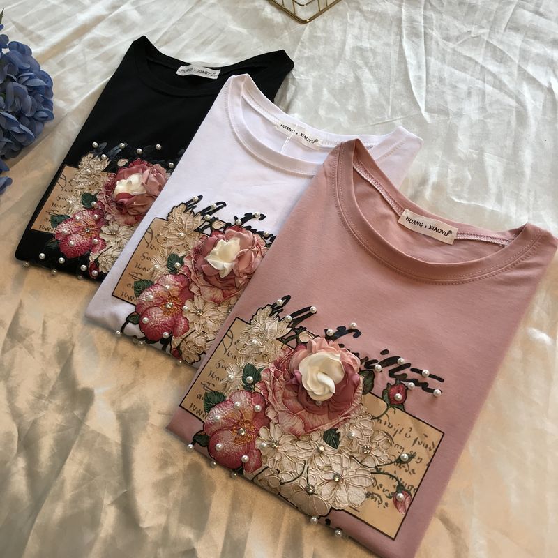 Title 4, Beaded Sequins Flower Print Short Sleeved T Shi...