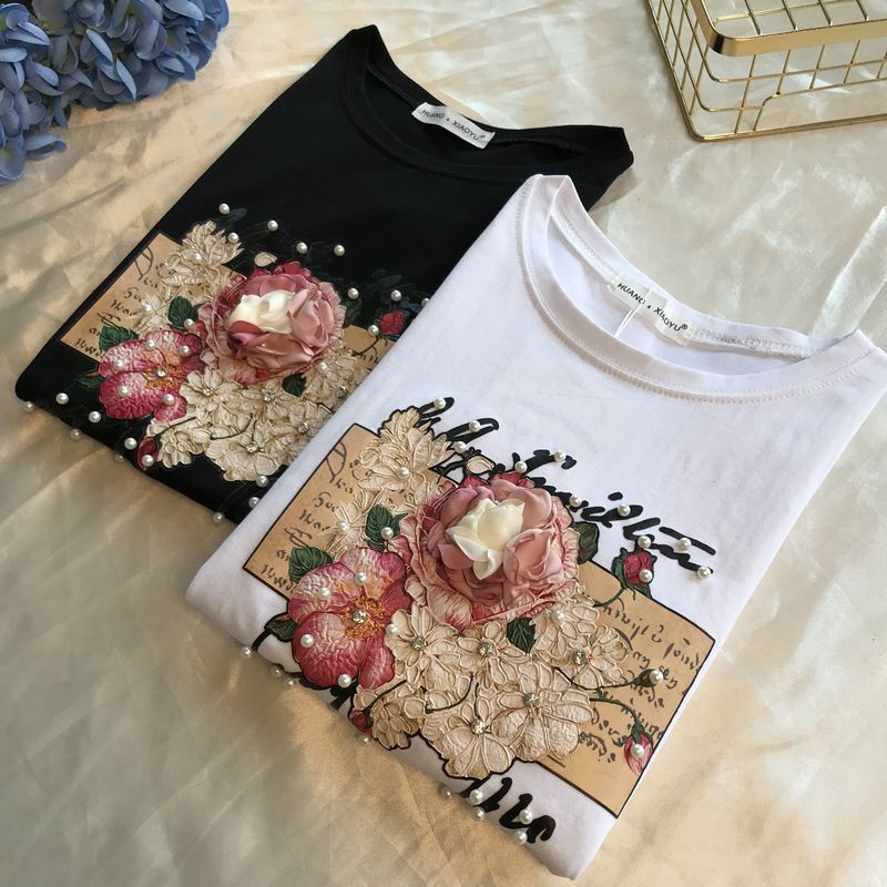 Title 6, Beaded Sequins Flower Print Short Sleeved T Shi...