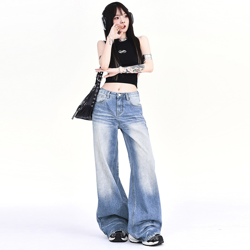 Title 2, Washed-out denim straight wide-leg pants, moppi...