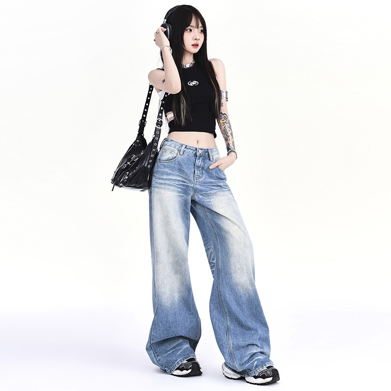 Title 3, Washed-out denim straight wide-leg pants, moppi...