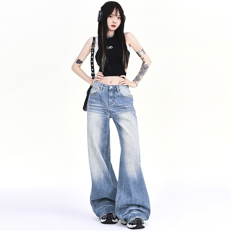 Title 5, Washed-out denim straight wide-leg pants, moppi...