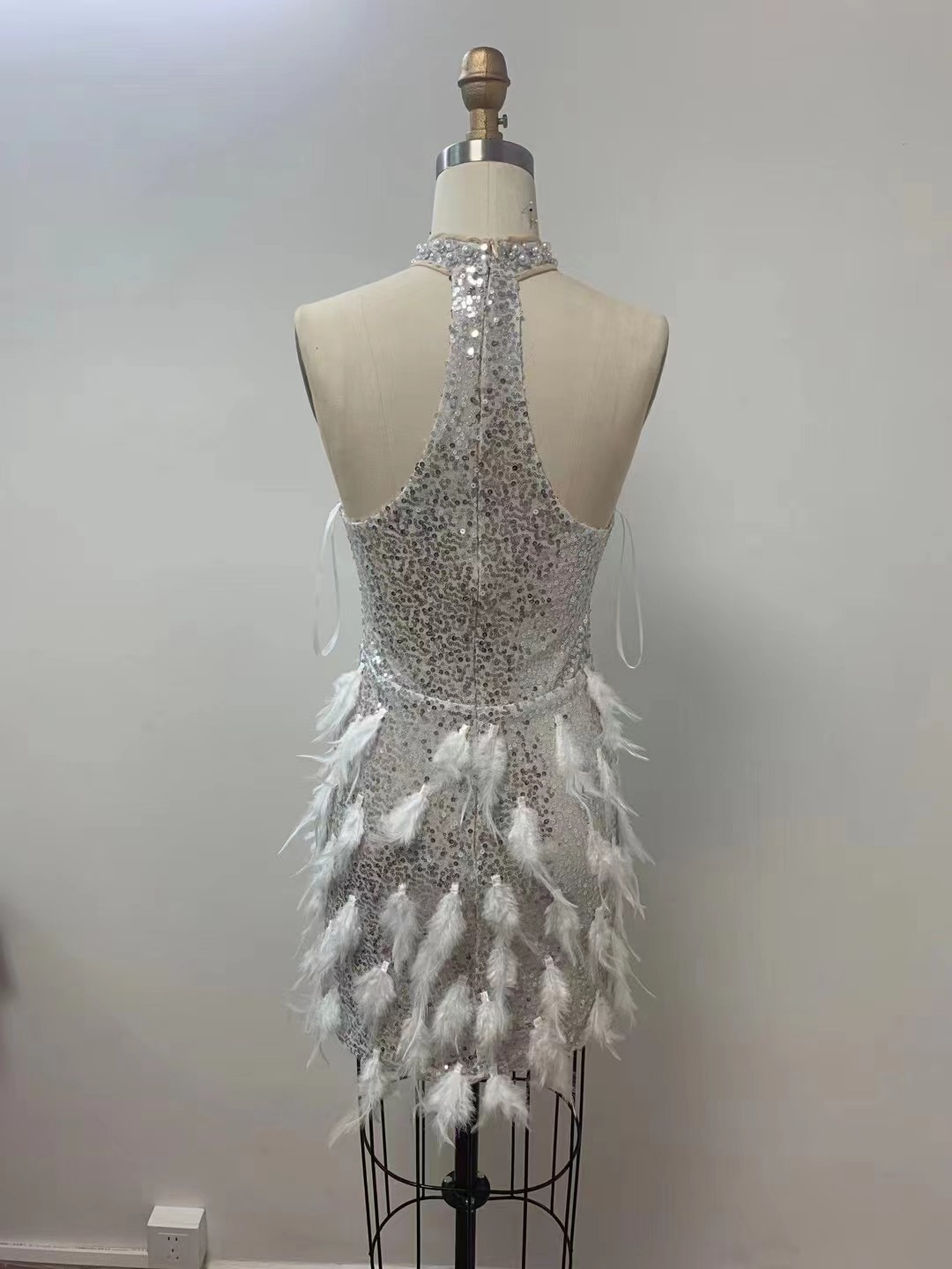 Title 3, Sequined Feather Skirt Hollow-out Halter Dress