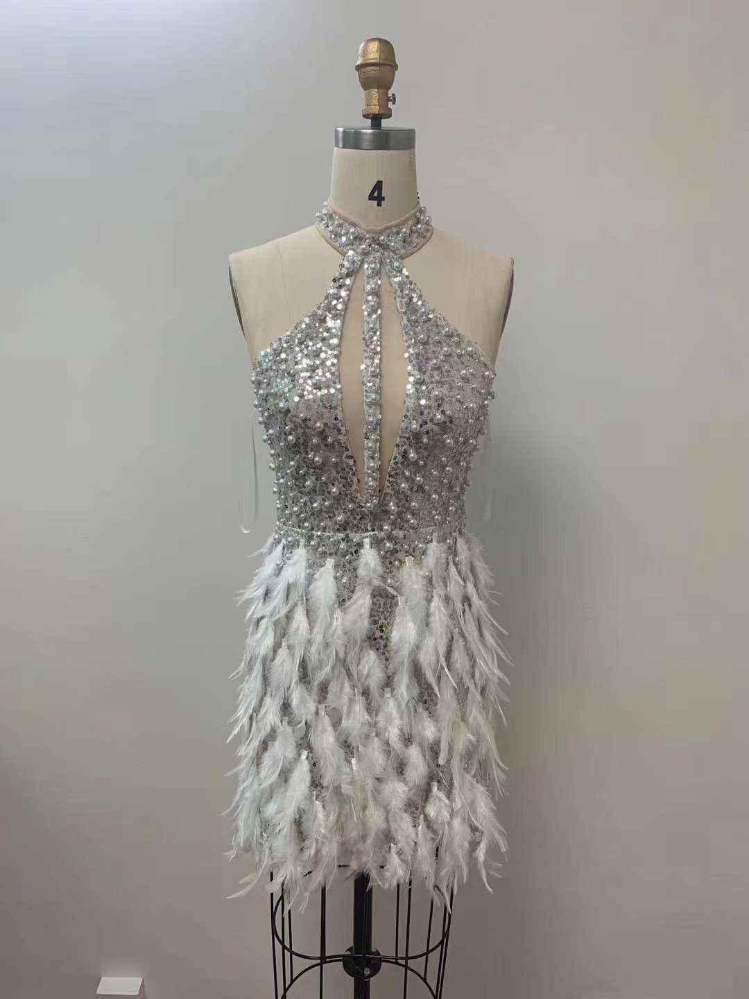 Title 5, Sequined Feather Skirt Hollow-out Halter Dress