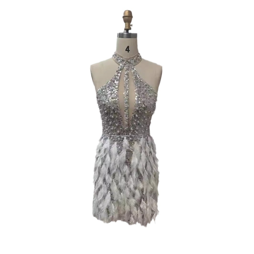 Title 6, Sequined Feather Skirt Hollow-out Halter Dress