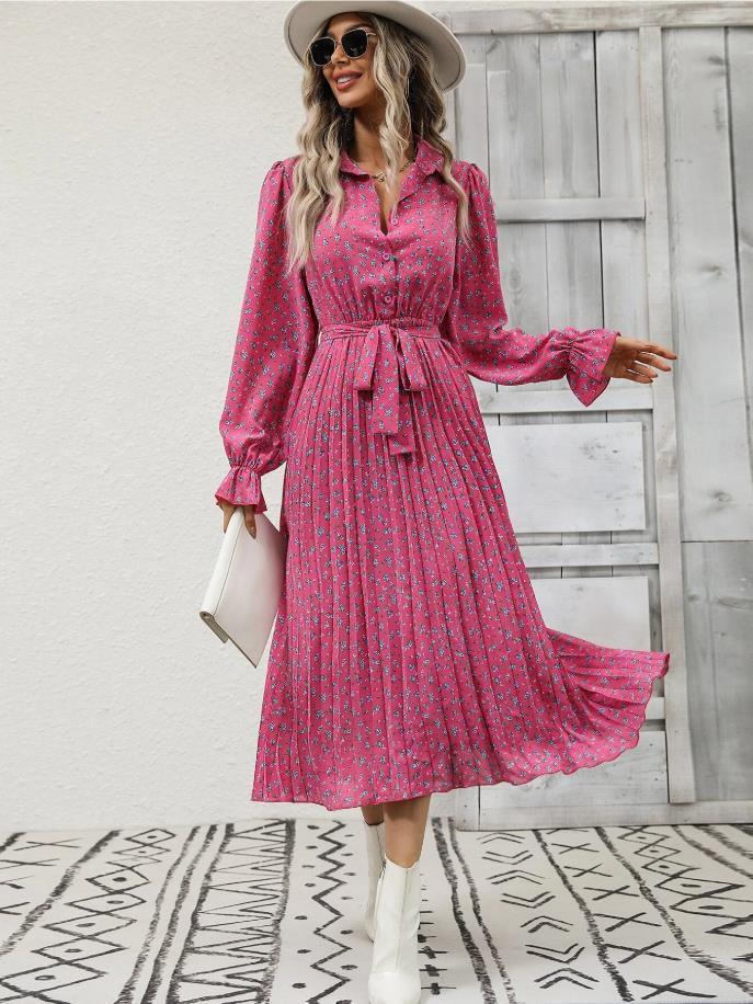 Title 6, Fashion Tie Pleated Long Sleeve Big Hem Dress