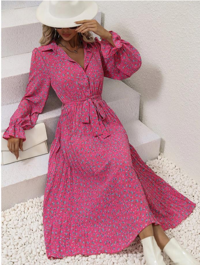 Title 10, Fashion Tie Pleated Long Sleeve Big Hem Dress