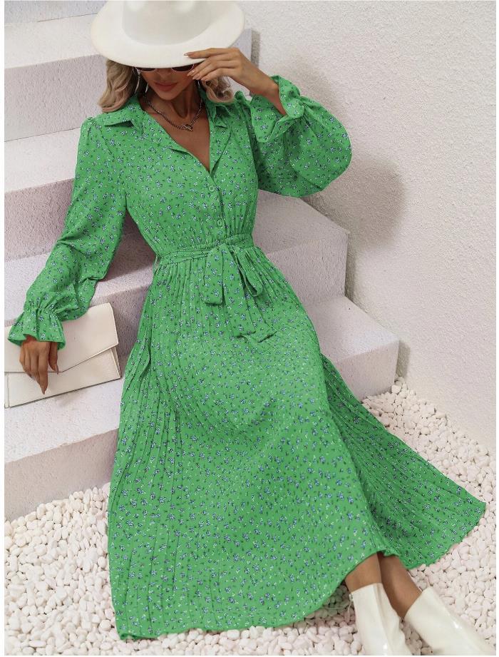 Title 11, Fashion Tie Pleated Long Sleeve Big Hem Dress