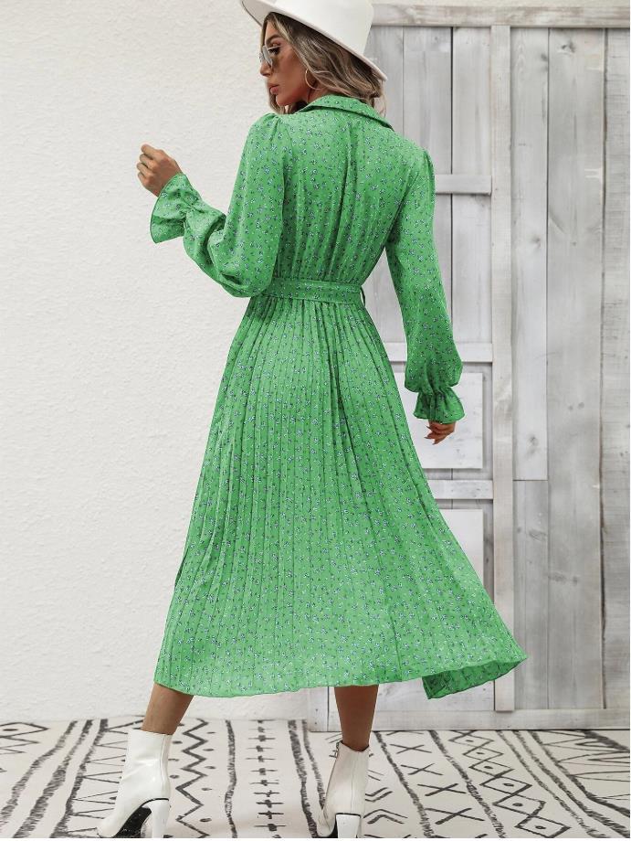 Title 12, Fashion Tie Pleated Long Sleeve Big Hem Dress