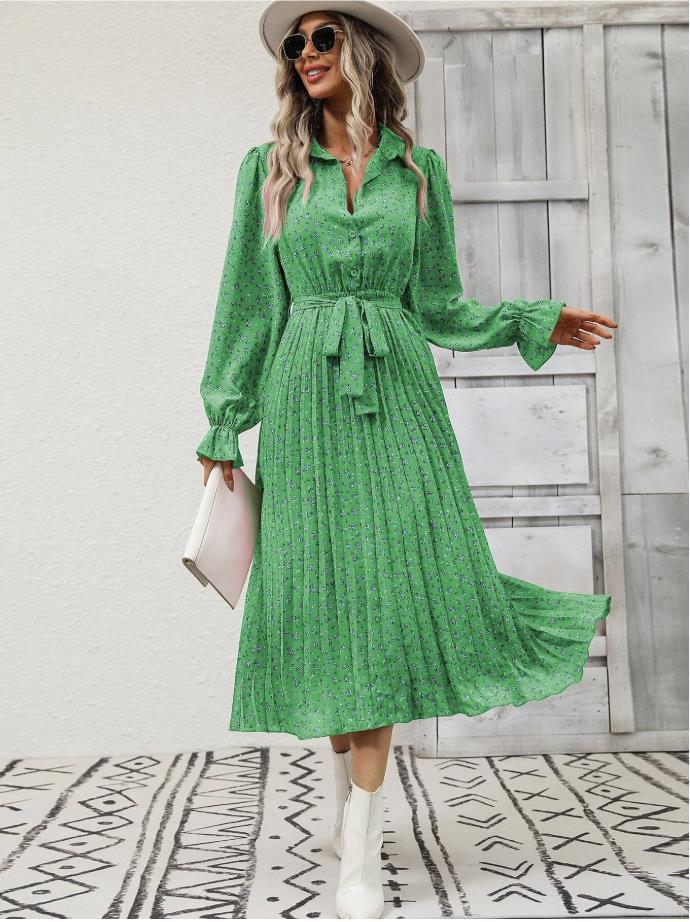 Title 13, Fashion Tie Pleated Long Sleeve Big Hem Dress